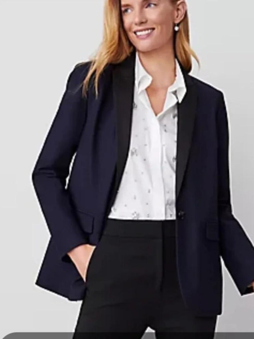 Ann Taylor The Longline Tuxedo Blazer in‎ Bi-Stretch Twill Navy Blue 18